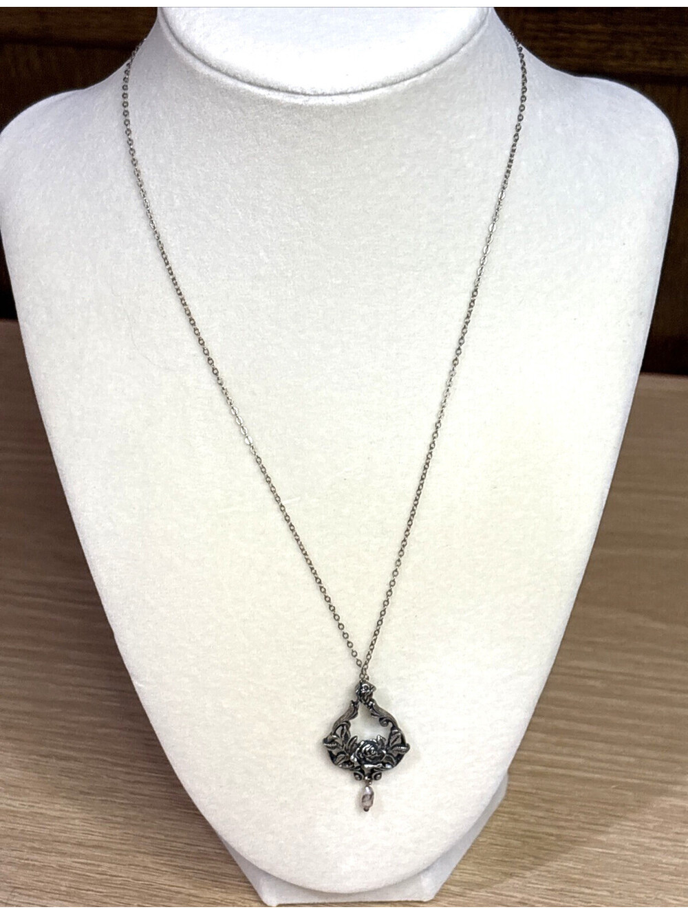 Vintage Sterling Silver Rose Pendant Pearl Drop Necklace 1982 Franklin Mint 18"